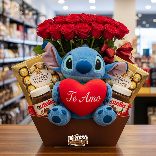Cesta Romântica Stitch – Buquê, Nutella e Ferrero Rocher